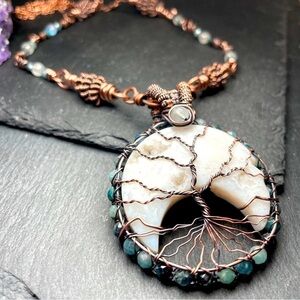 White Lace Agate Crescent Moon Tree Of Life Copper Wrapped Boho Necklace